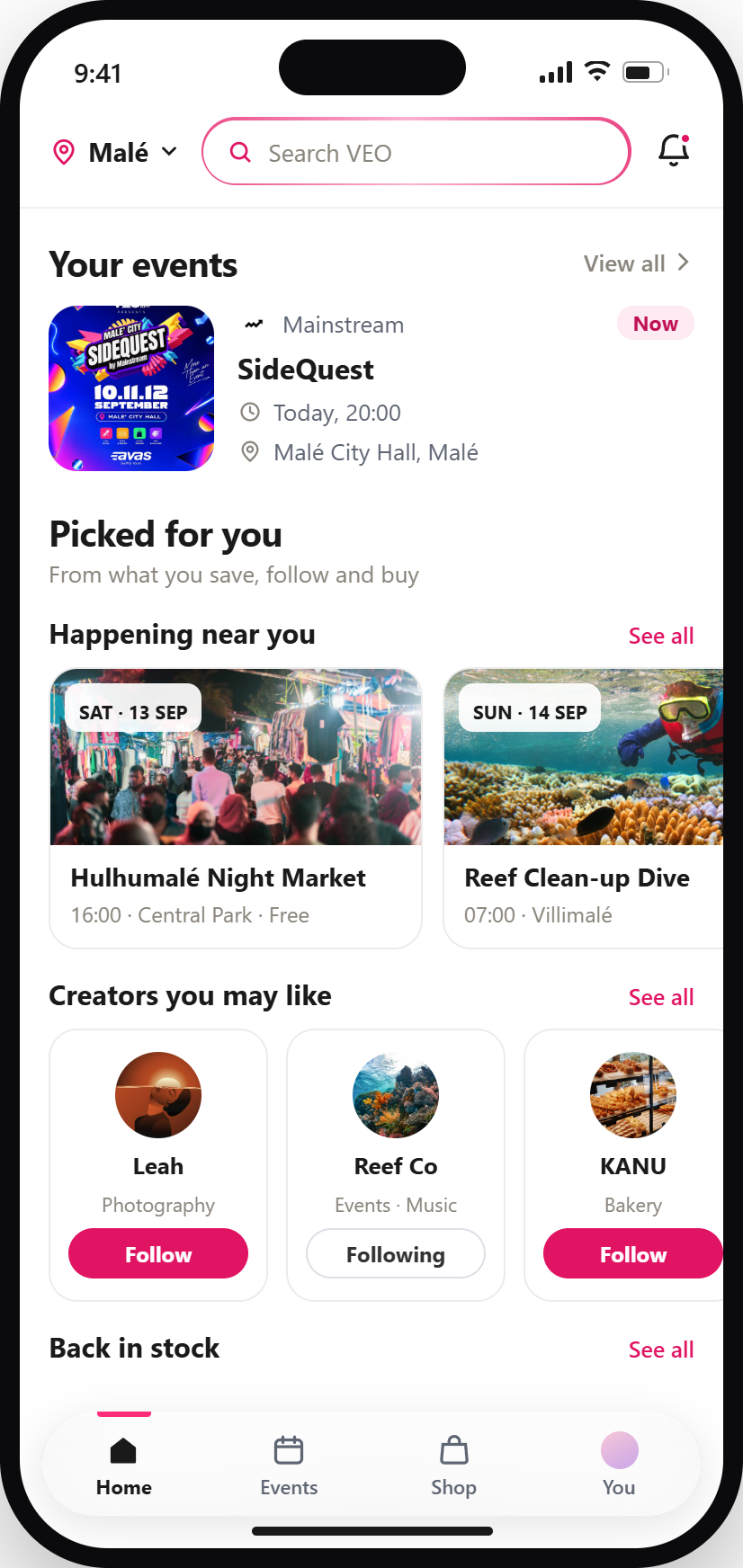 Veo App Home showing local events and creators